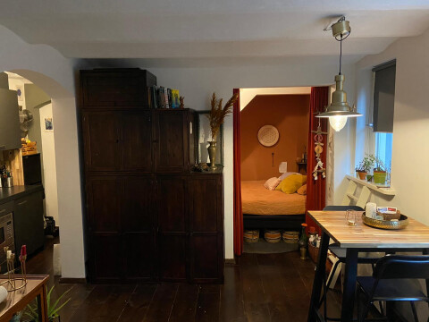 Woonkamer met zicht op nis voor bed (eventueel)